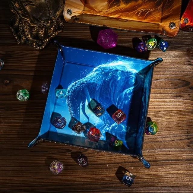 Cthulu on Blue PU Leather - Square Hard Dice Tray