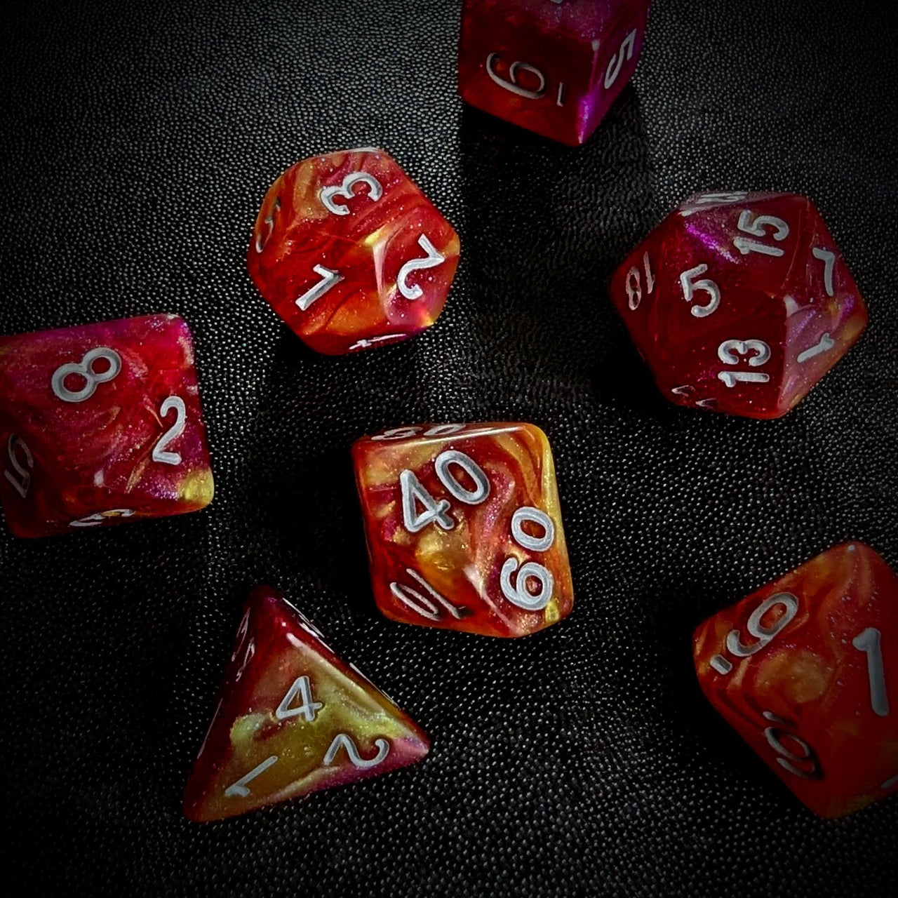 Glitter in Pink & Yellow Acrylic - 7pcs RPG Full Dice Set