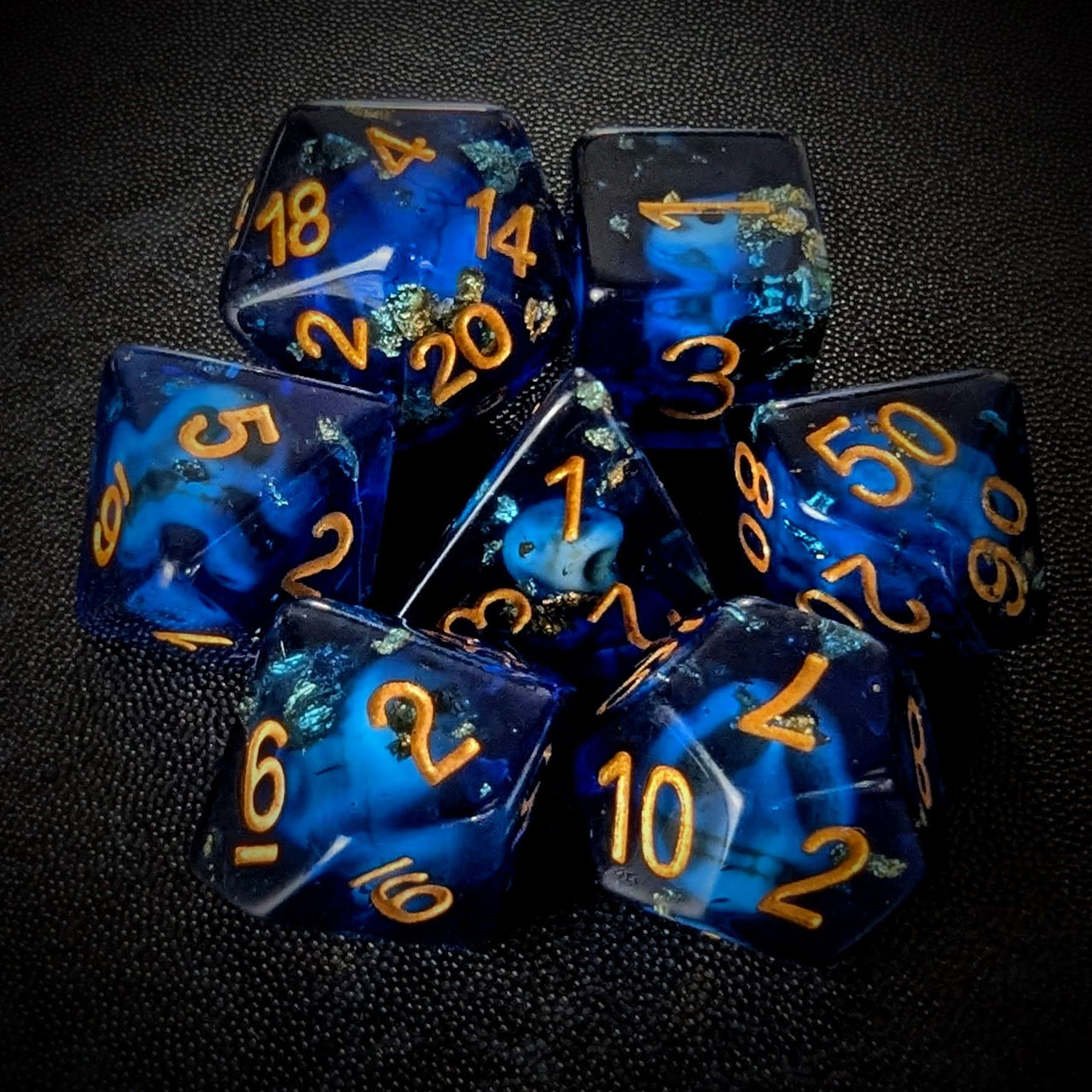 Gold Foil & Skull in Royal Blue Resin - 7pcs RPG Full Dice Set