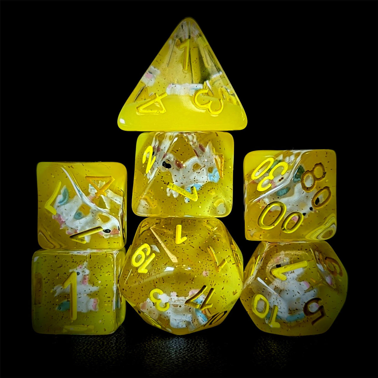 Unicorn in Clear & Yellow Resin - 7pcs RPG Full Dice Set