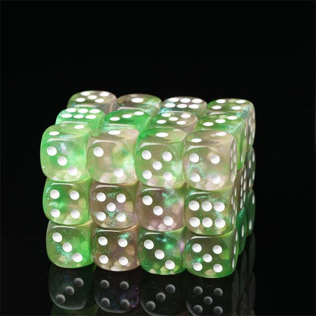 16mm Green & Pink Acrylic with Glitter - 6pcs D6 RPG Dice Set