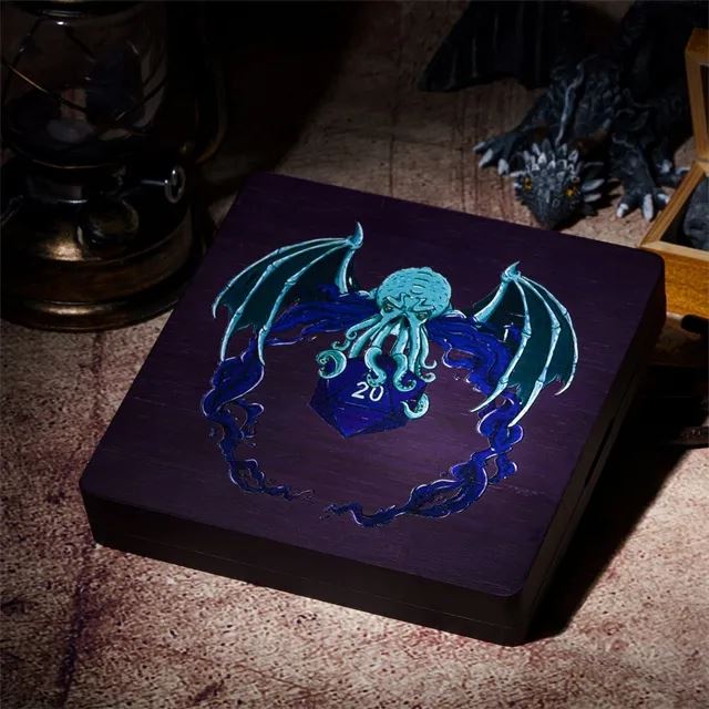 Purple Cthulu D20 on Bamboo Wood - Magnetic Dice Storage