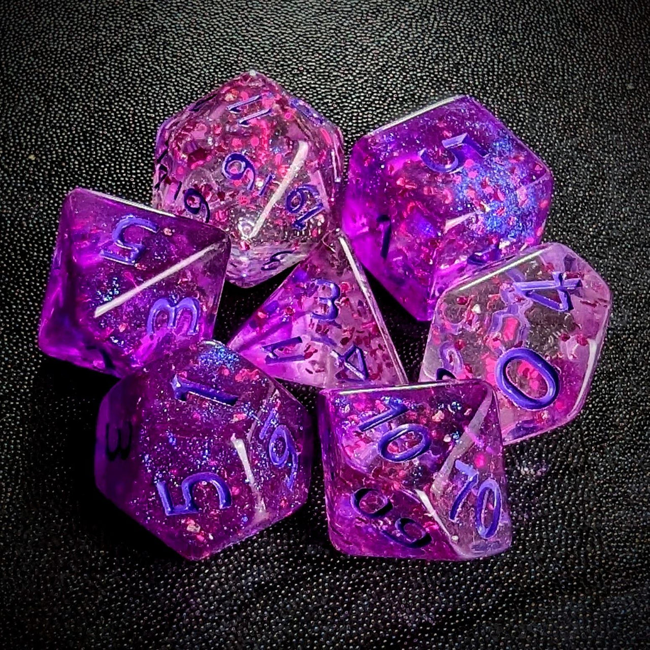 Glitter in Clear Pink Acrylic - 7pcs RPG Full Dice Set Top