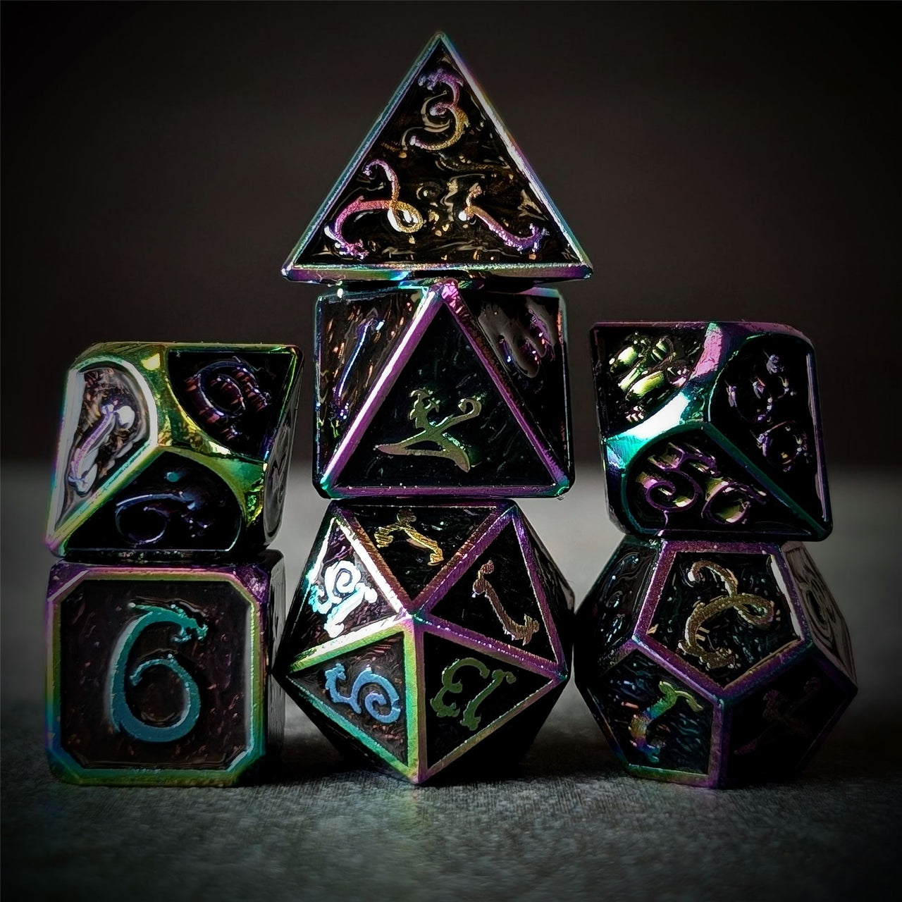 Black Enamel in Rainbow Metal - 7pcs RPG Dice Set