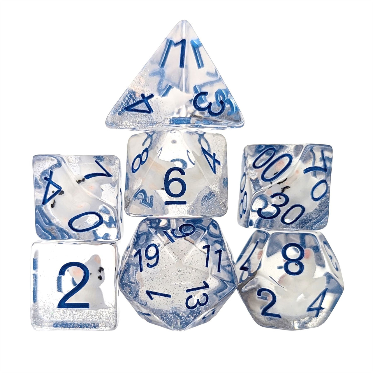 White Fox in Clear Resin - 7pcs RPG Full Dice Set