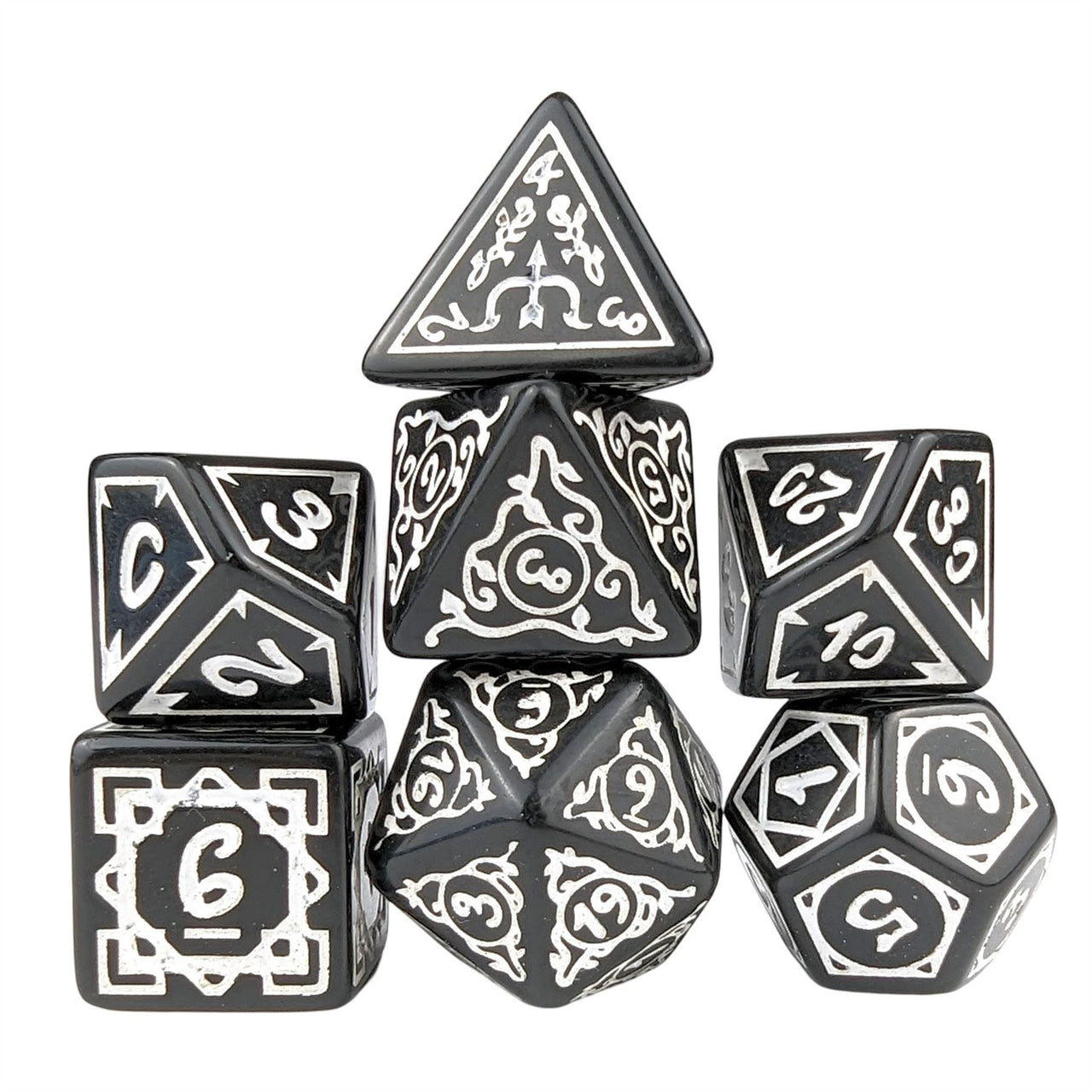 White Vines on Black Acrylic - 7pcs RPG Full Dice Set White Stack