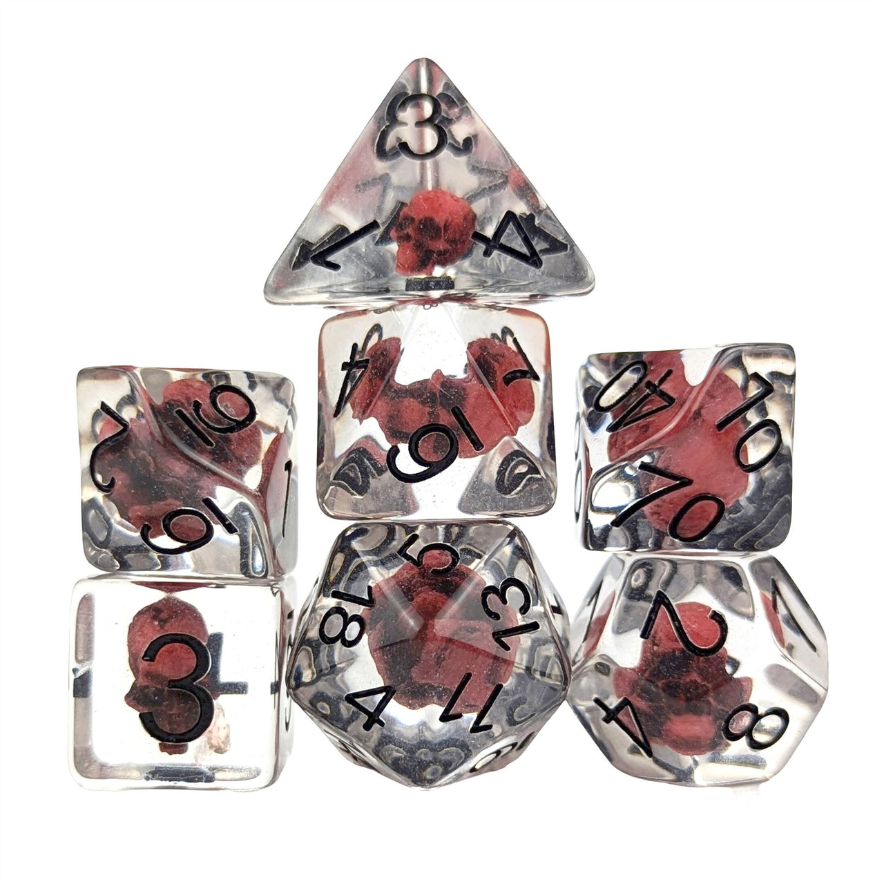 Red Skull in Clear Resin - 7pcs RPG Full Dice Set