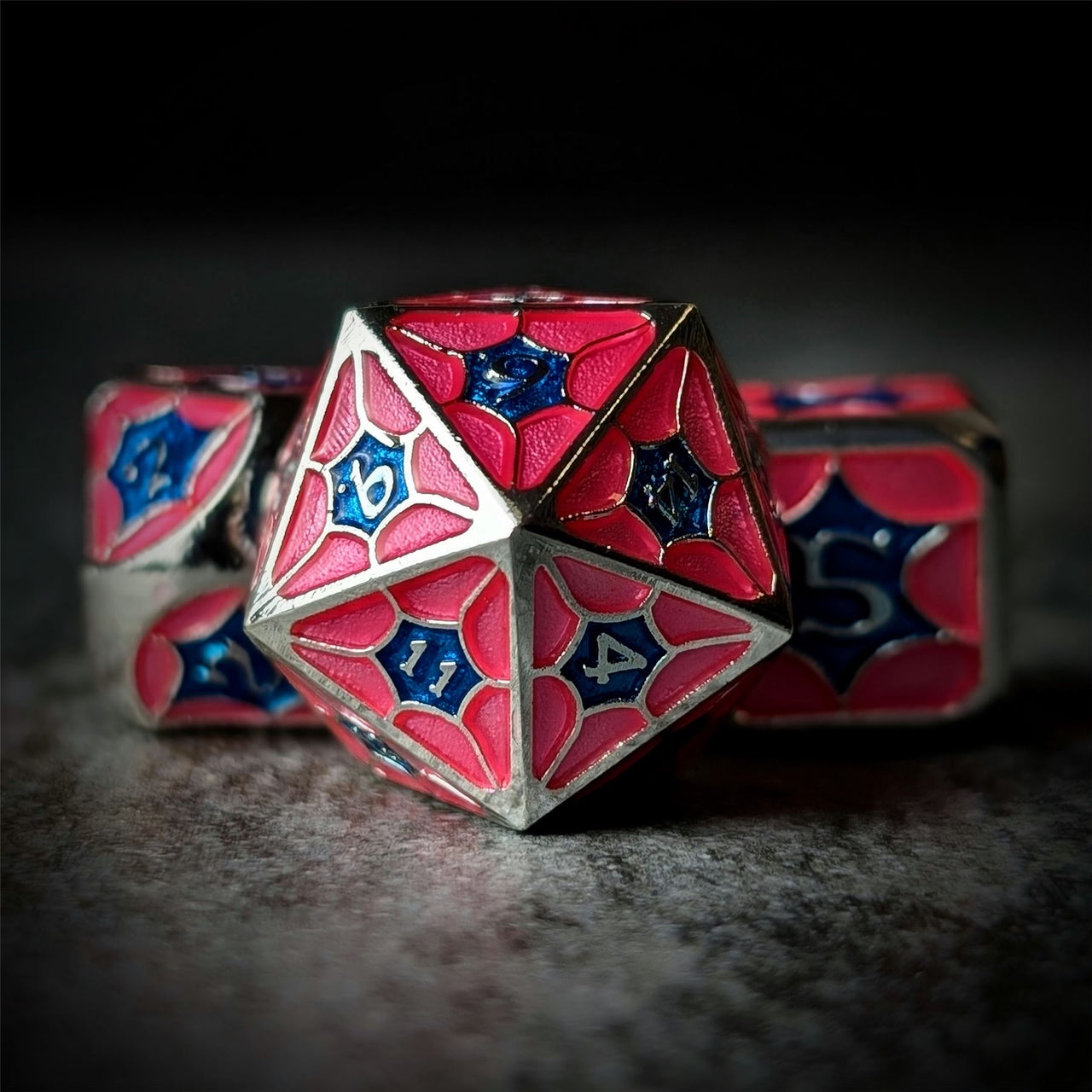 Pink & Blue Spider's Web in Silver Metal - 7pcs RPG Dice Set