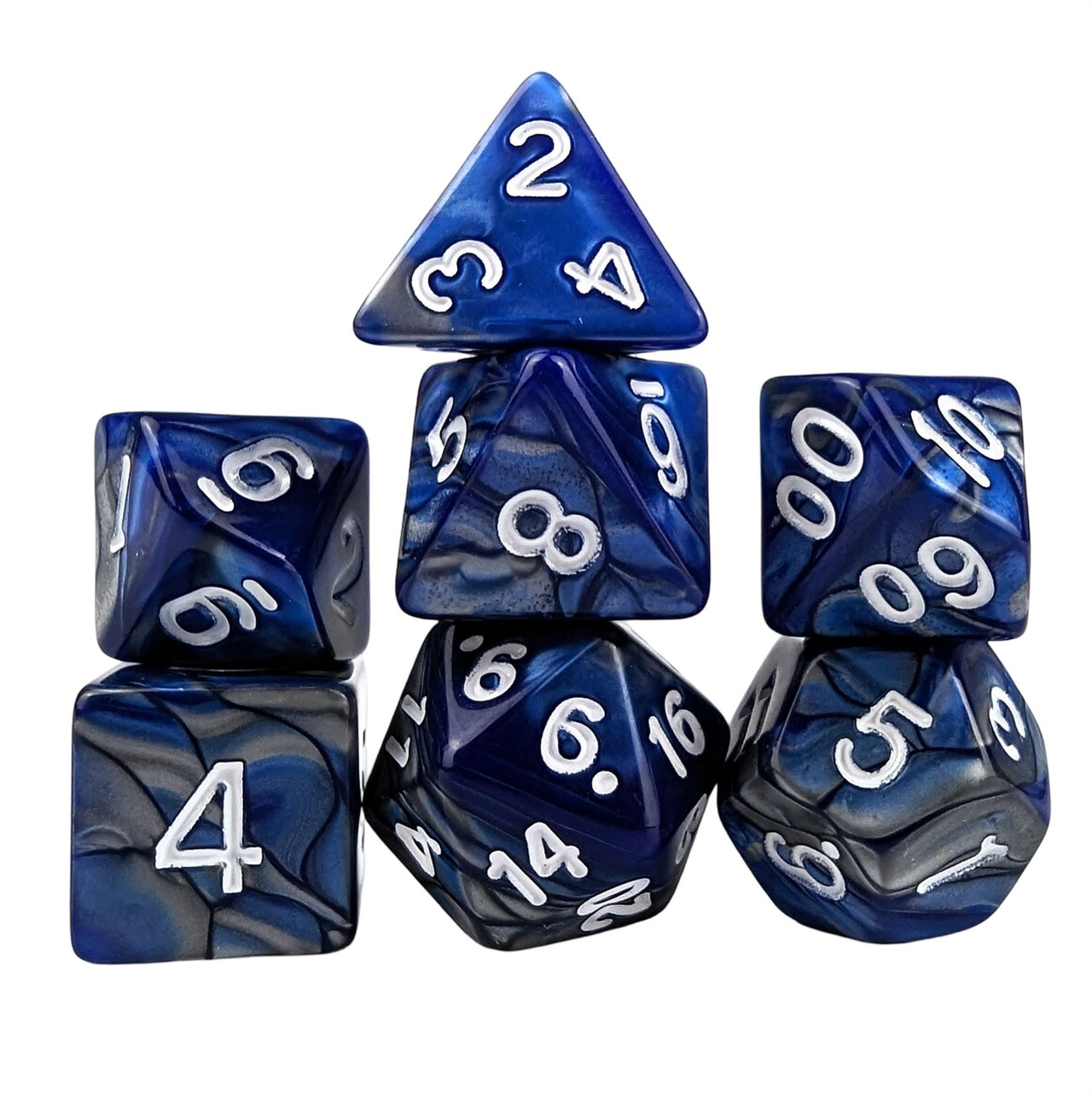 Blend of Silver & Royal Blue Acrylic - 7pcs RPG Full Dice Set White Stack