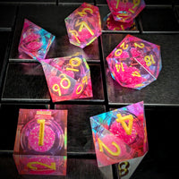 Thumbnail for 7pcs Dice Sharp Filled Liquid Gold Font Blue Pink