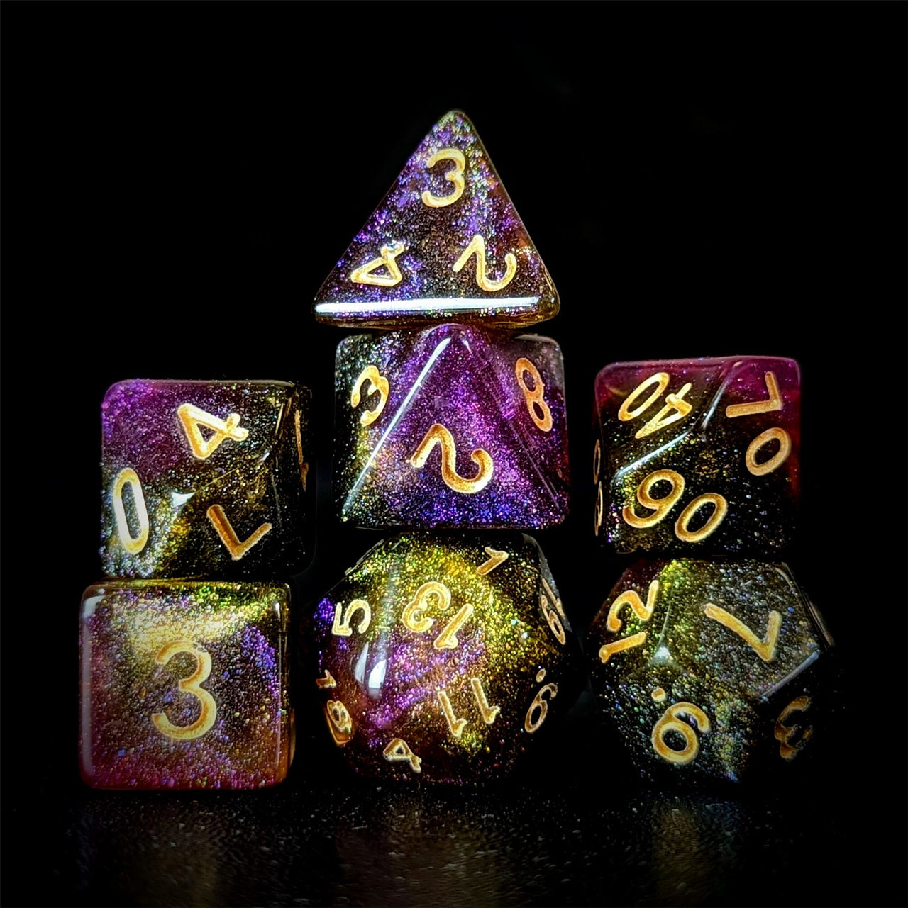 Glitter in Purple & Yellow Acrylic - 7pcs RPG Full Dice Set Dark Stack