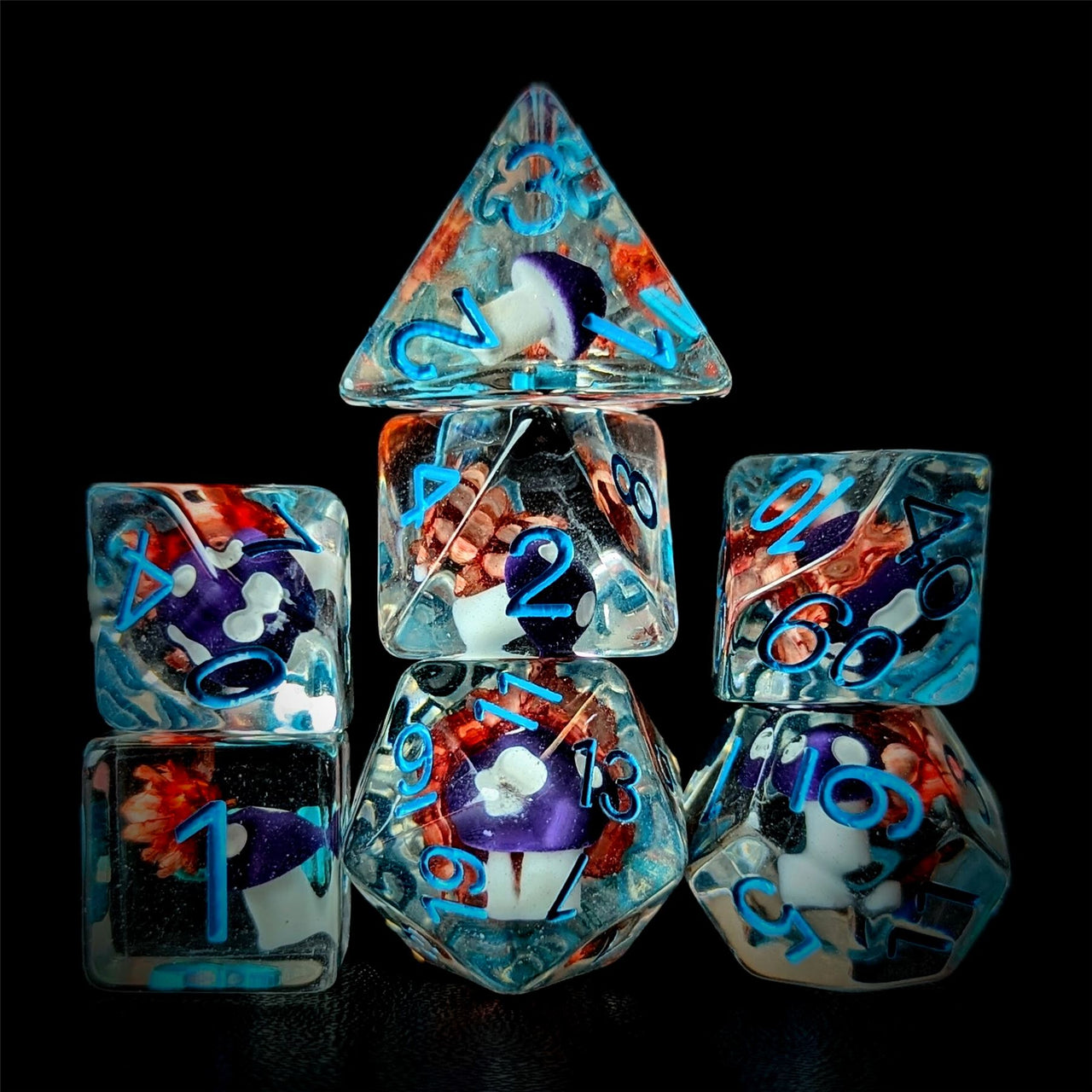 Purple Mushroom in Clear Resin - 7pcs RPG Full Dice Set