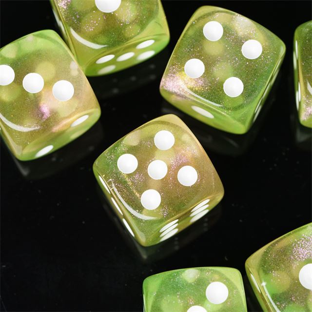 16mm Yellow & Green Acrylic with Glitter - 6pcs D6 RPG Dice Set