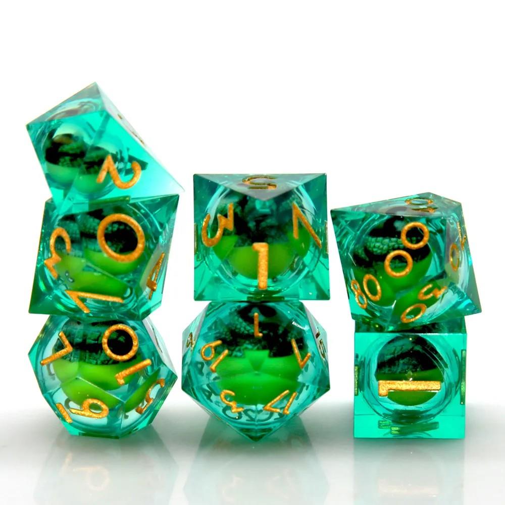 Green Dragon Eye Ball in Clear & Green Filled Sharp Resin - 7pcs RPG Dice Set