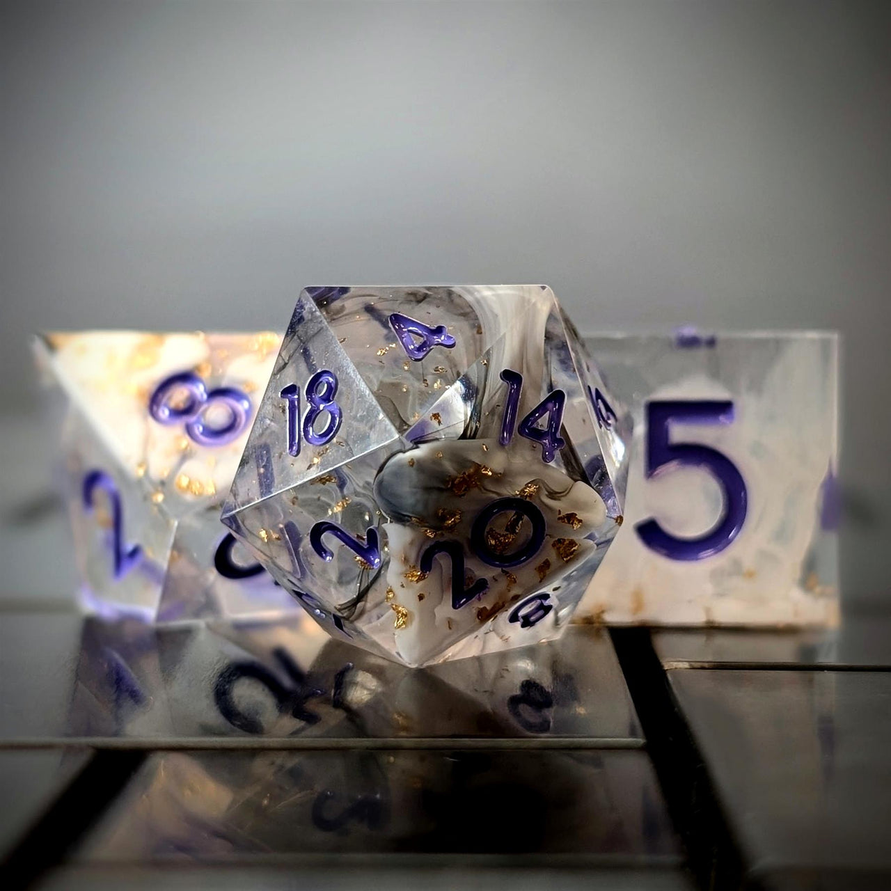 Purple Swirl in Black, White & Clear with Gold Foil Sharp Resin - 7pcs RPG Dice Set