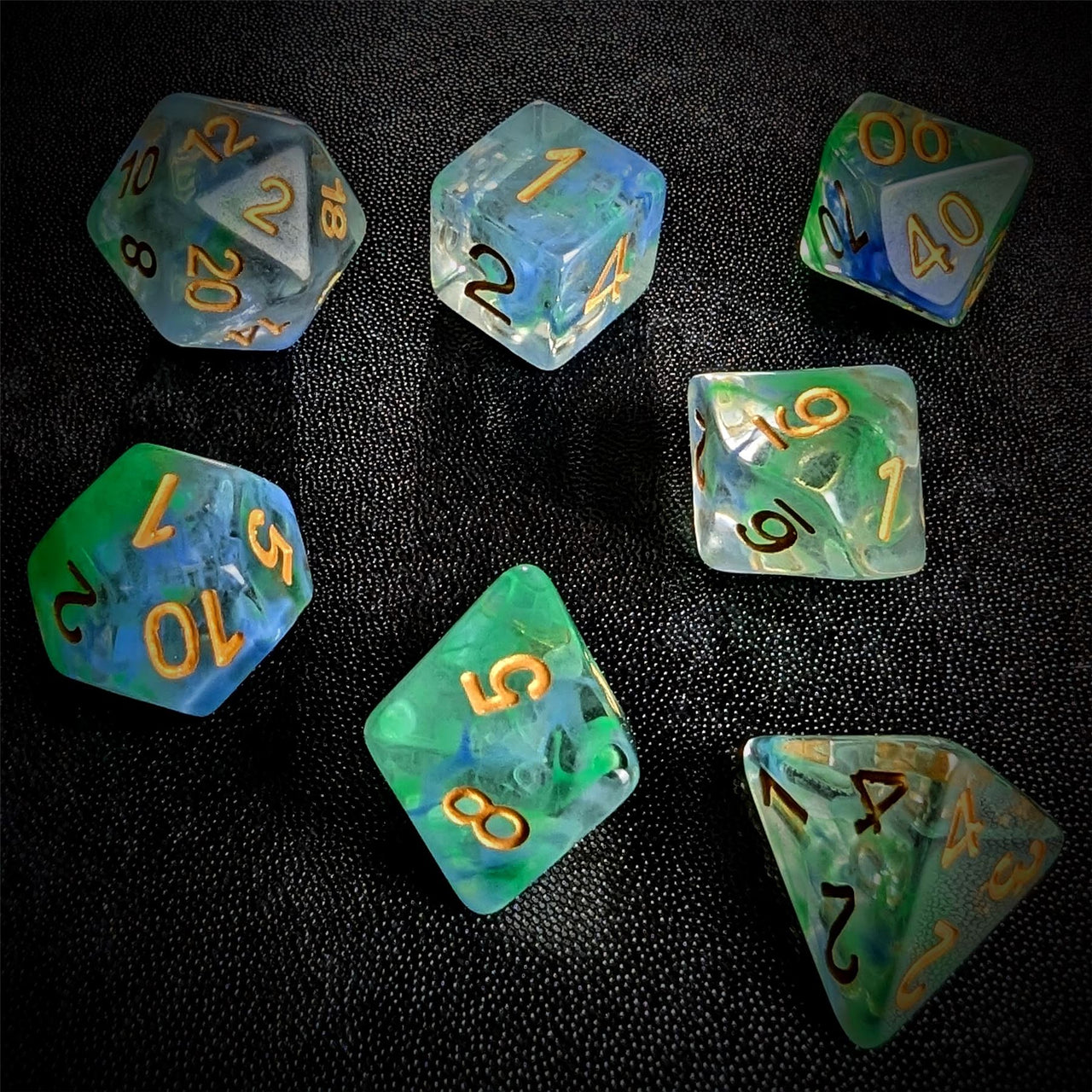 Blue & Green Swirl in Clear Resin - 7pcs RPG Full Dice Set