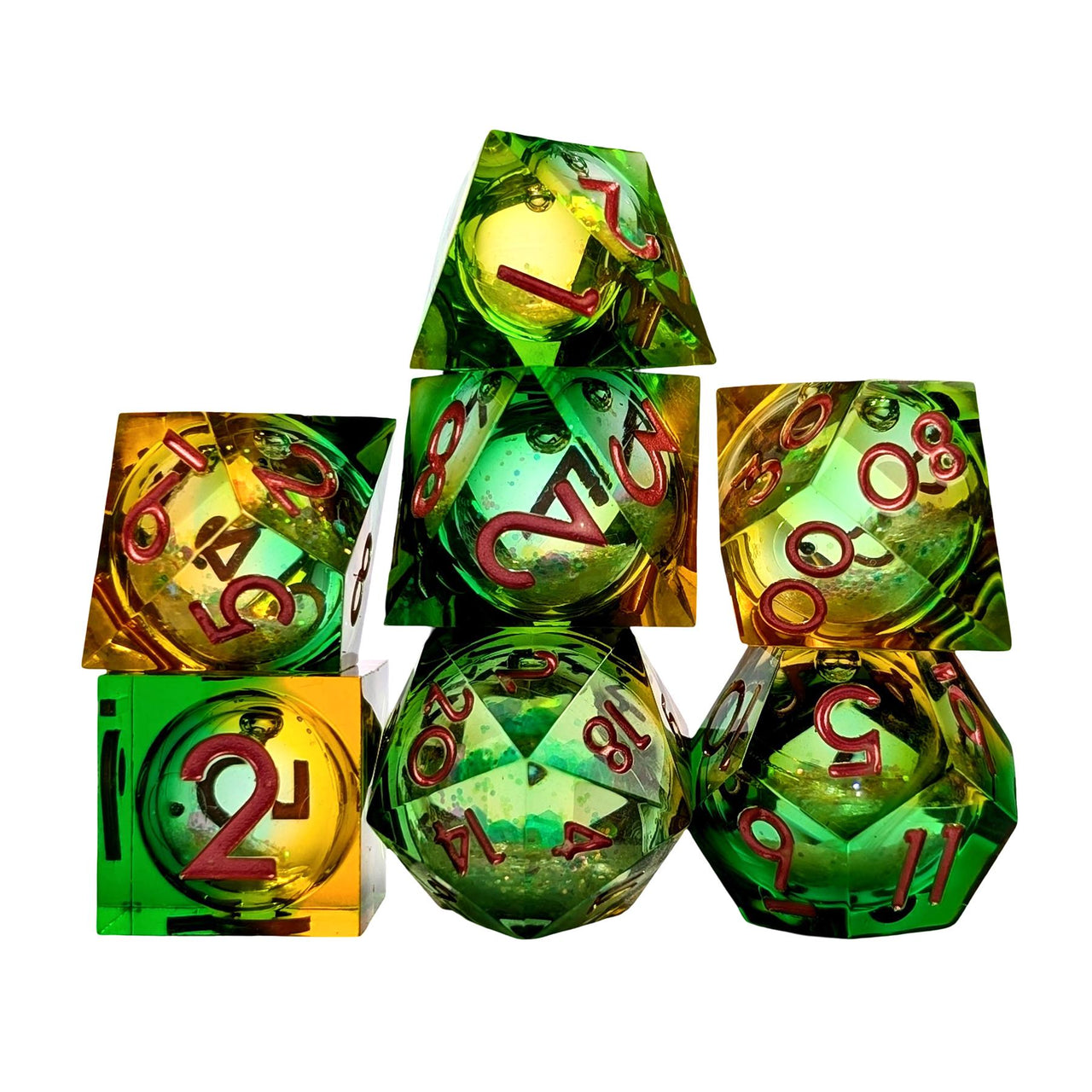 7pcs Dice Sharp Filled Liquid Pink Font Brown Green
