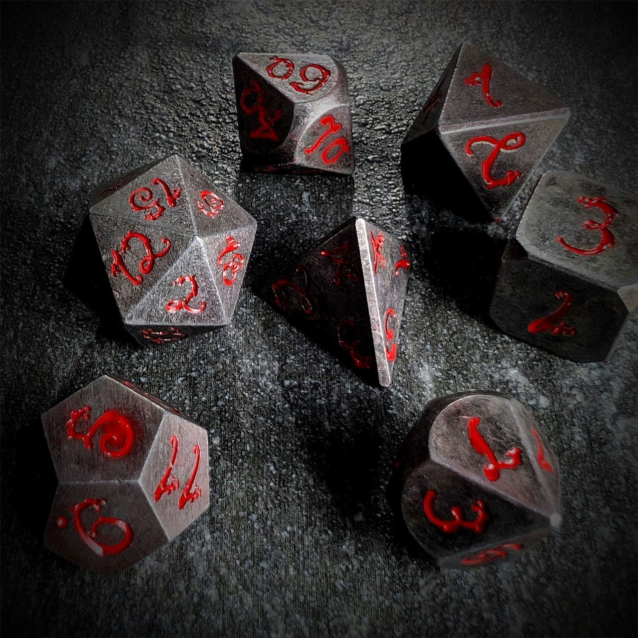 Silver Metal with Red Dragon Font - 7pcs RPG Dice Set