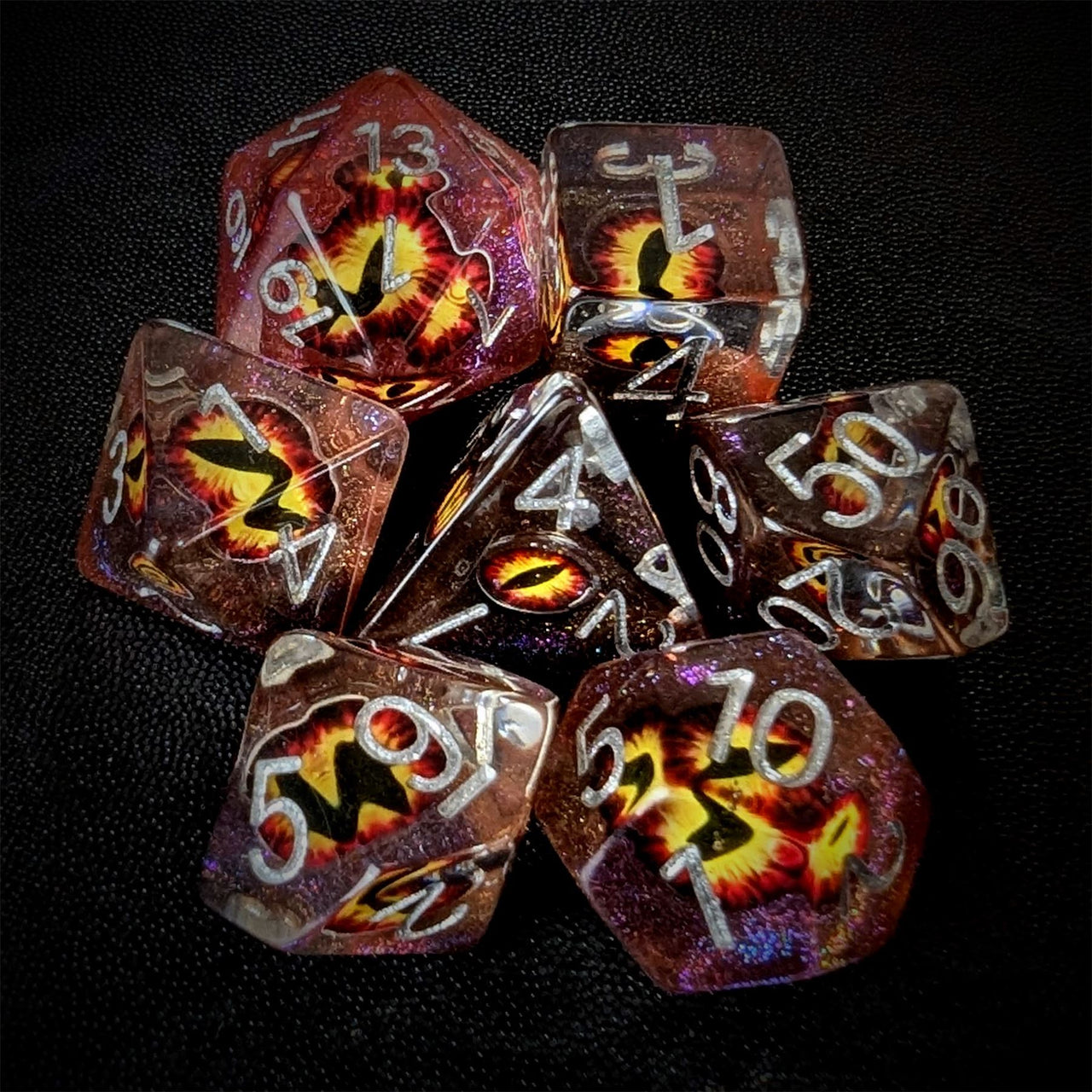 Demon Eye in Clear Orange & Brown Resin - 7pcs RPG Full Dice Set