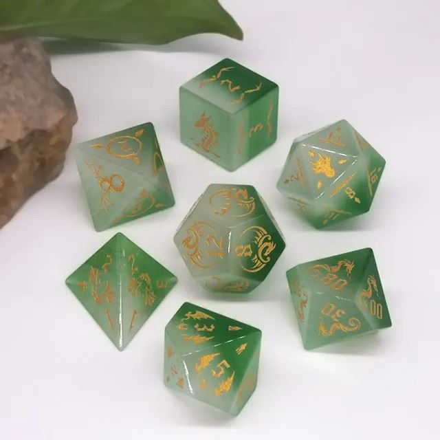 Dragon on Green and White Glass - 7pcs RPG Dice Set