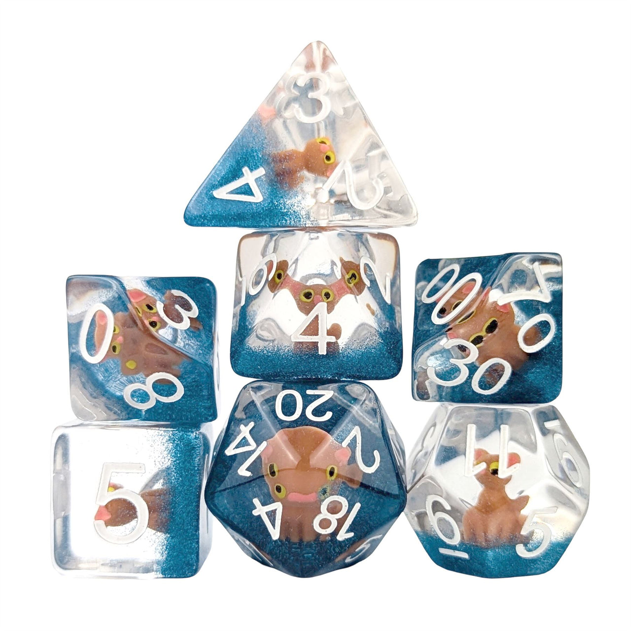 Lion Cub in Clear & Blue Resin - 7pcs RPG Full Dice Set