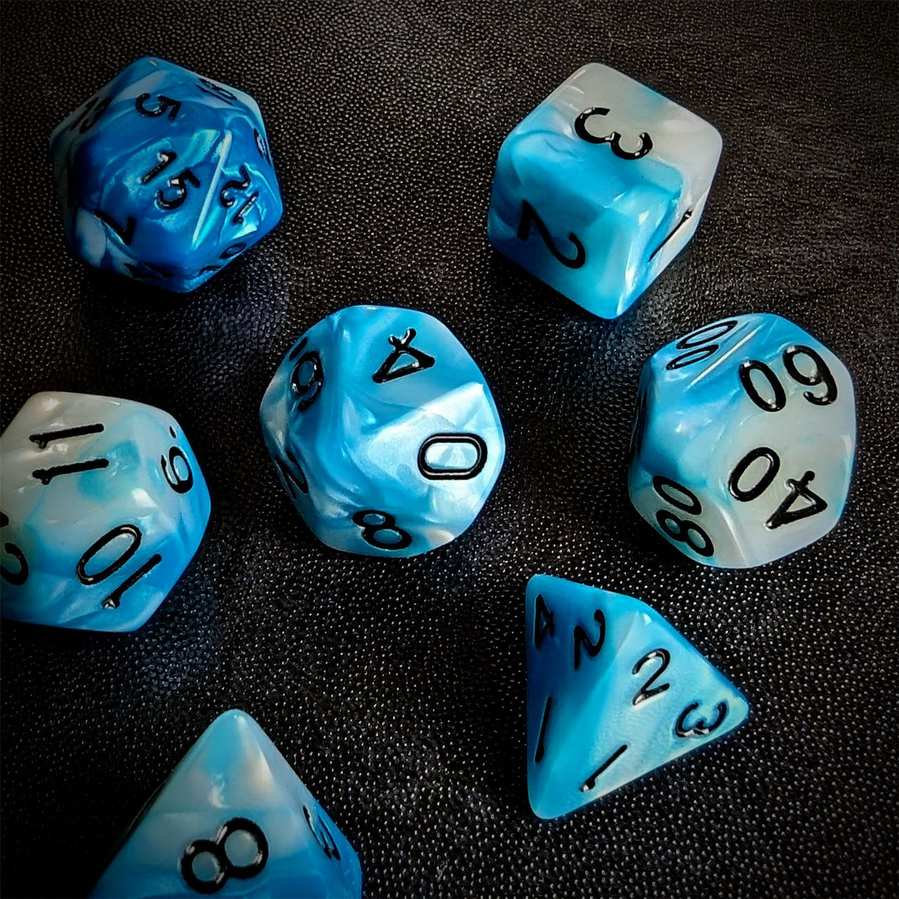 Blend of White & Blue Acrylic - 7pcs RPG Full Dice Set Scatter