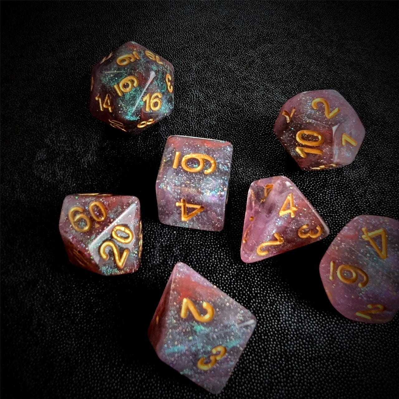 Glitter in Red & Grey Resin - 7pcs RPG Full Dice Set