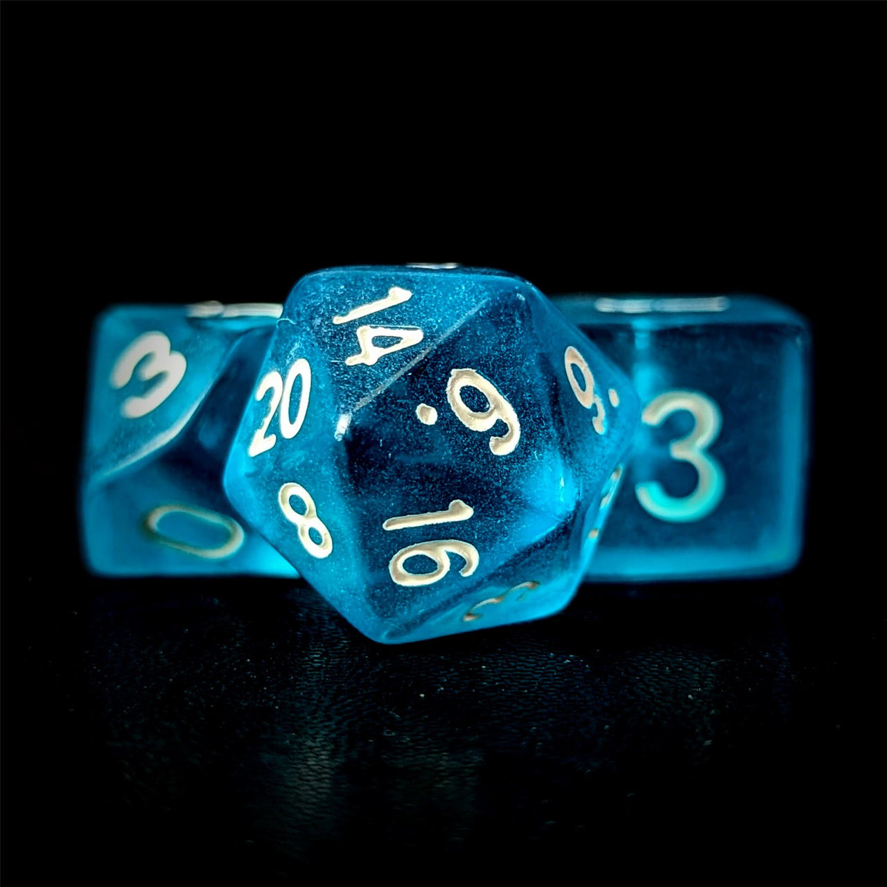 Clear Blue Acrylic - 7pcs RPG Full Dice Set Close