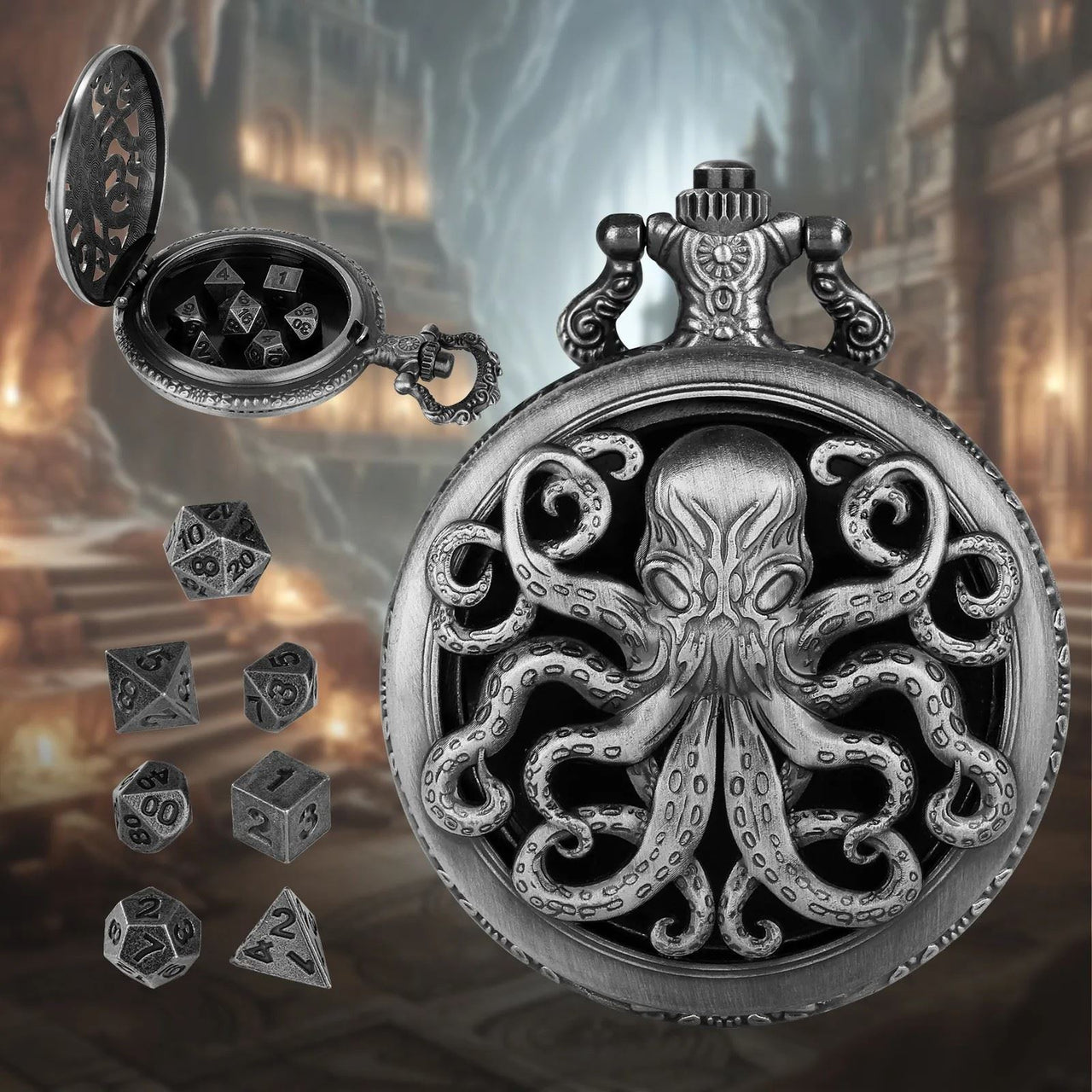 Mindflayer on Silver Pocket Watch with Mini Dice - Pendant