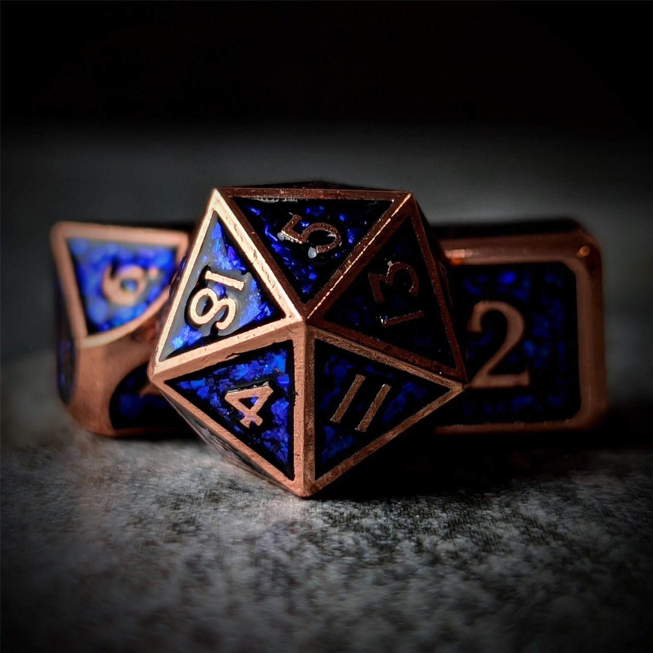 Glitter Blue Enamel in Copper Metal - 7pcs RPG Dice Set