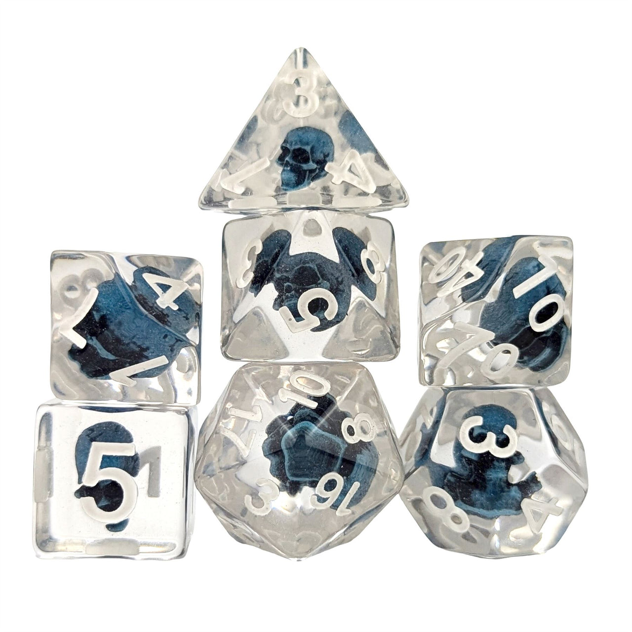 Blue Skull in Clear Resin - 7pcs RPG Full Dice Set