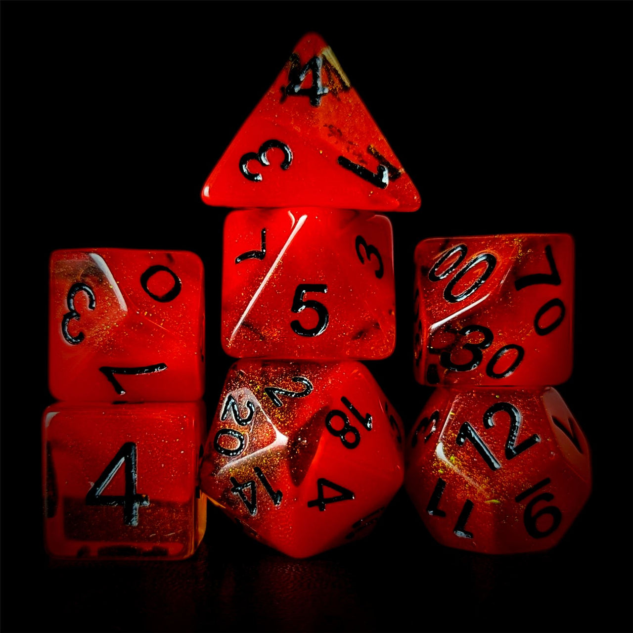 Layered Red & Amber with Shimmer Resin - 7pcs RPG Full Dice Set