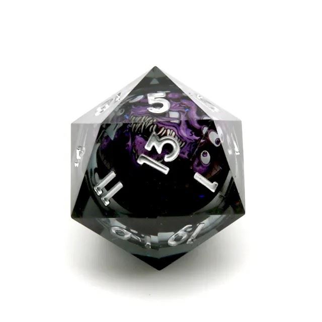 Purple Beholder in Clear & Black Liquid Sharp Resin - D20 RPG Dice