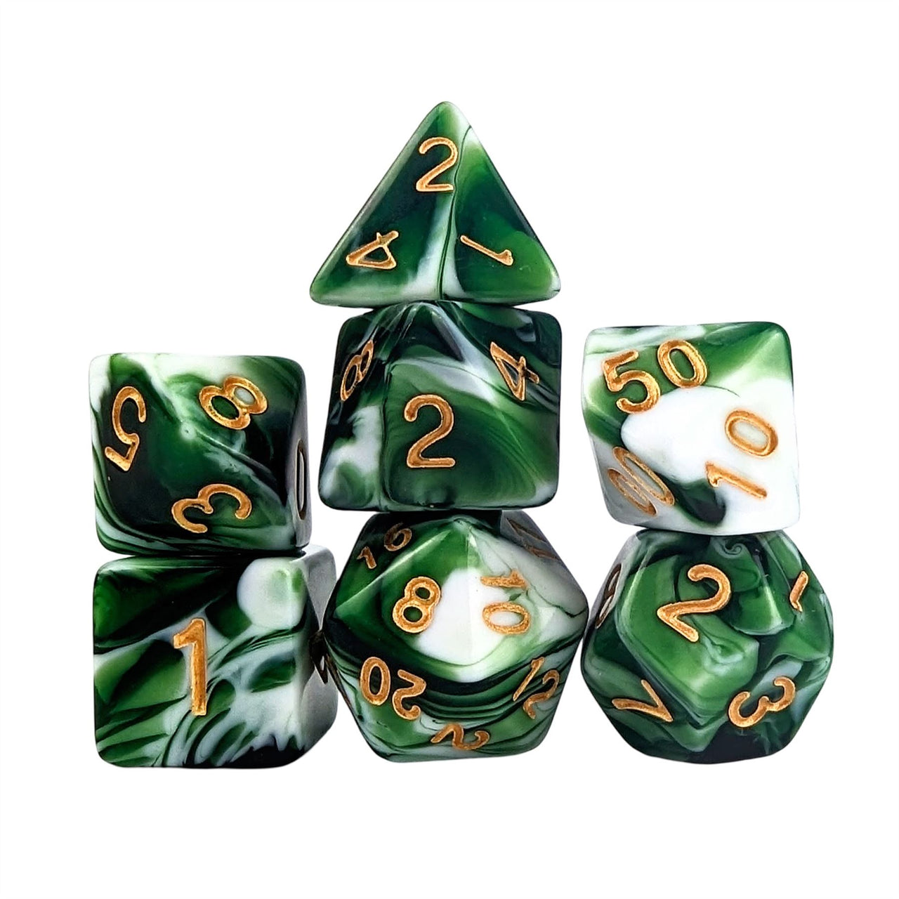 Blend of White & Green Acrylic - 7pcs RPG Full Dice Set White Stack