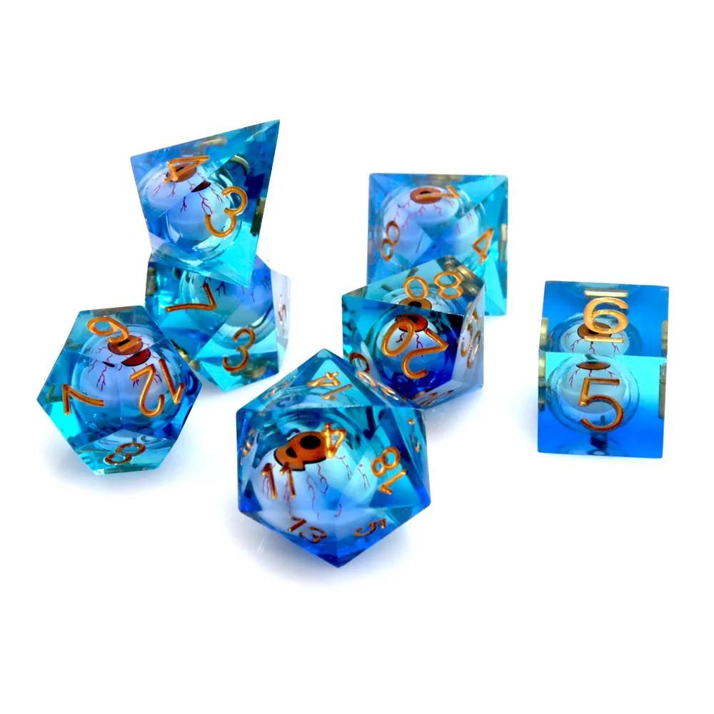 Orange Eye Ball in Clear & Blue Liquid Filled Sharp Resin - 7pcs RPG Dice Set