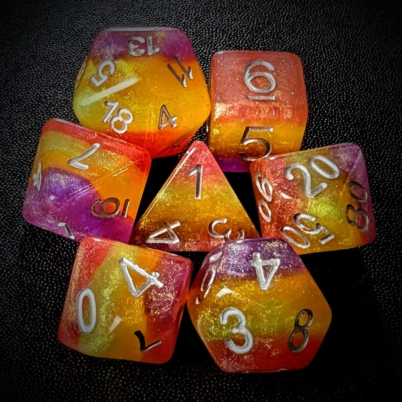 Glitter in Purple, Yellow & Red Resin - 7pcs RPG Full Dice Set