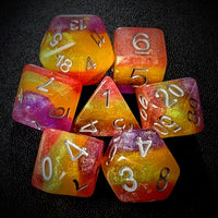 Thumbnail for Glitter in Purple, Yellow & Red Resin - 7pcs RPG Full Dice Set