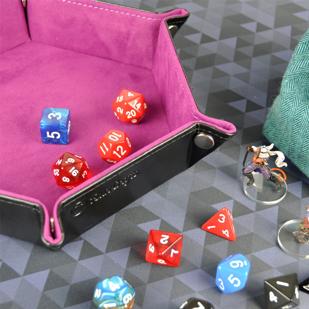 Magenta Velvet & Black PU Leather - Hexagon Hard Dice Tray