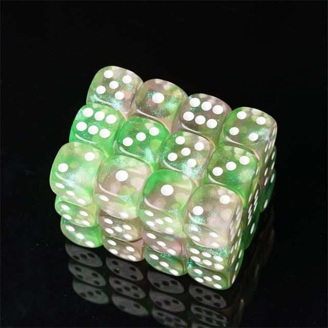 16mm Green & Pink Acrylic with Glitter - 6pcs D6 RPG Dice Set