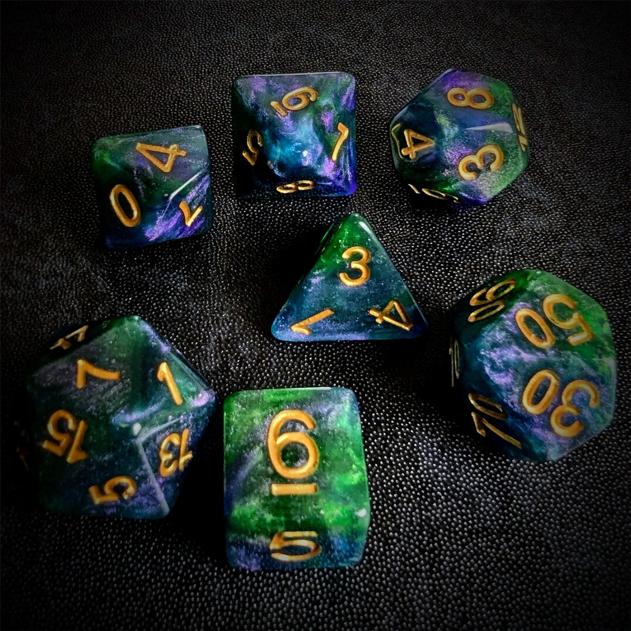 Glitter in Green & Blue Resin - 7pcs RPG Full Dice Set