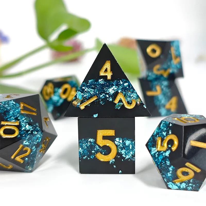 Blue Band in Black Filled Sharp Resin - 7pcs RPG Dice Set