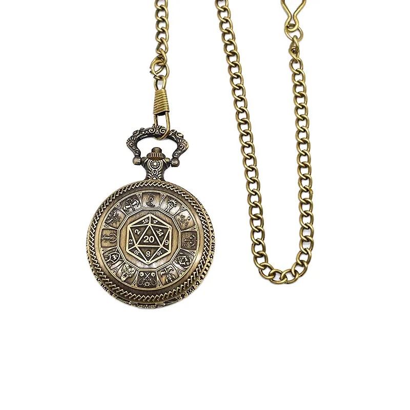 D20 on Bronze Pocket Watch with Mini Dice - Pendant