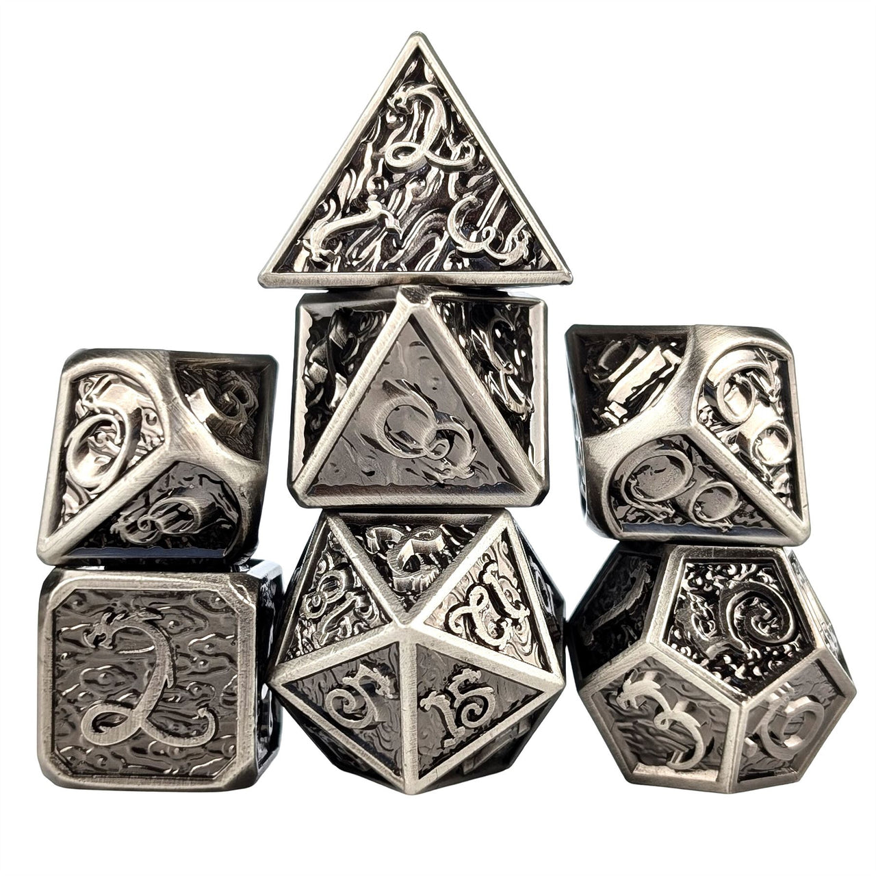 Silver Metal with Dragon Font - 7pcs RPG Dice Set