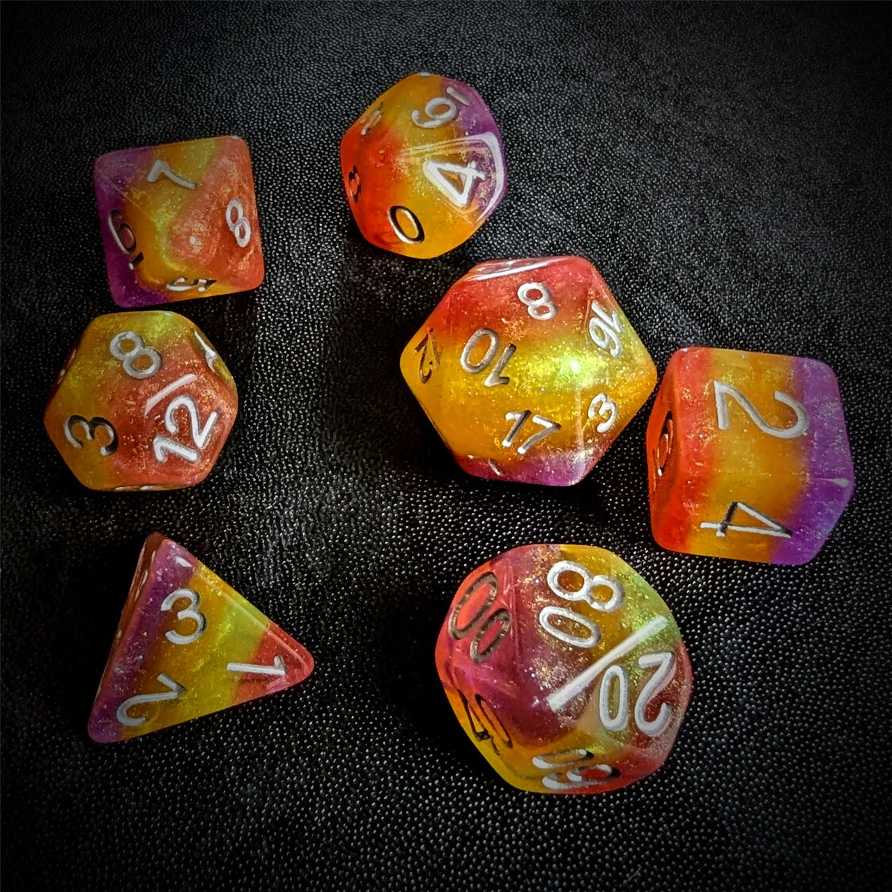 Glitter in Purple, Yellow & Red Resin - 7pcs RPG Full Dice Set