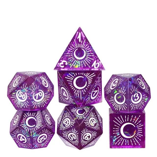 Moon on Purple with White Swirl Sharp Resin - 7pcs RPG Dice Set