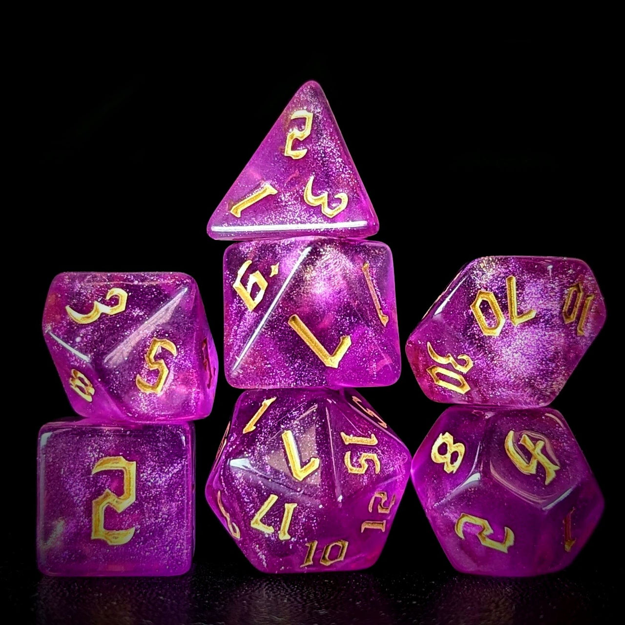 Glitter in Hot Pink Acrylic - 7pcs RPG Full Dice Set Dark Stack