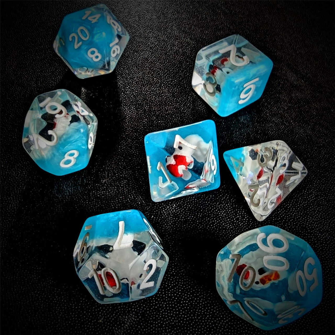 White Duck in Clear & Blue Resin - 7pcs RPG Full Dice Set