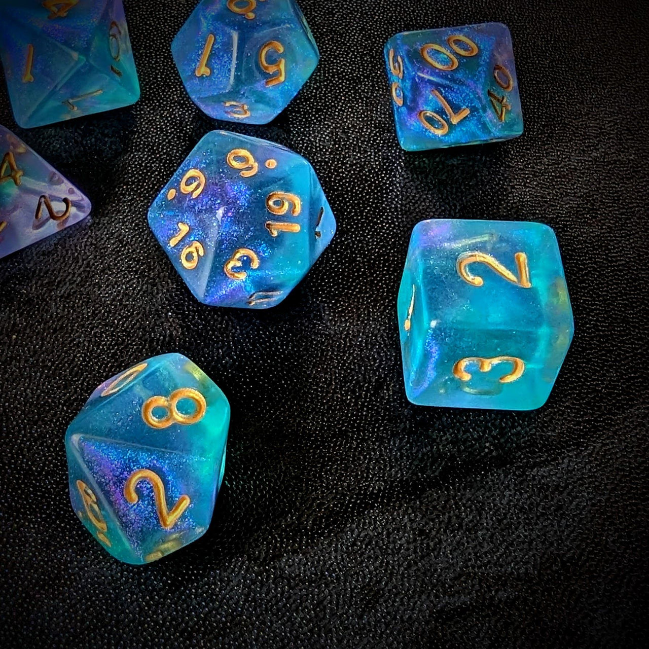 Glitter in Purple & Blue Acrylic - 7pcs RPG Full Dice Set Scatter