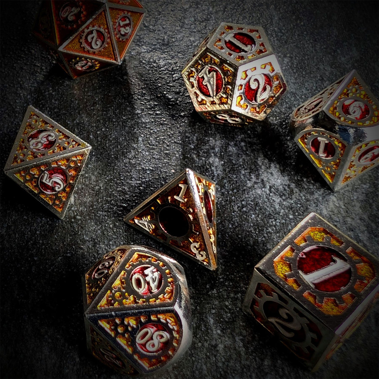 Gear in Red Enamel Silver Metal - 7pcs RPG Dice Set