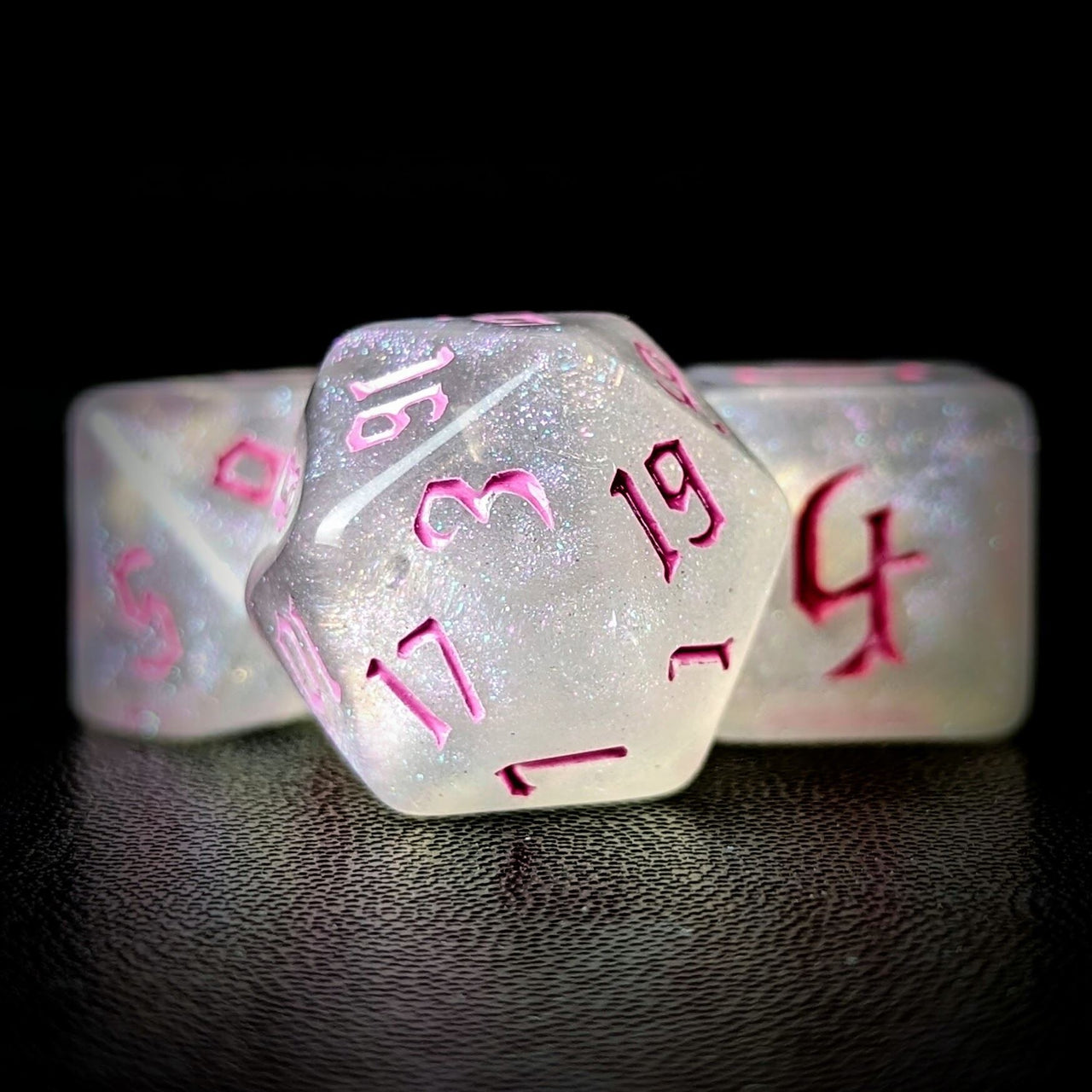 Glitter in White Acrylic with Pink Font - 7pcs RPG Full Dice Set Close